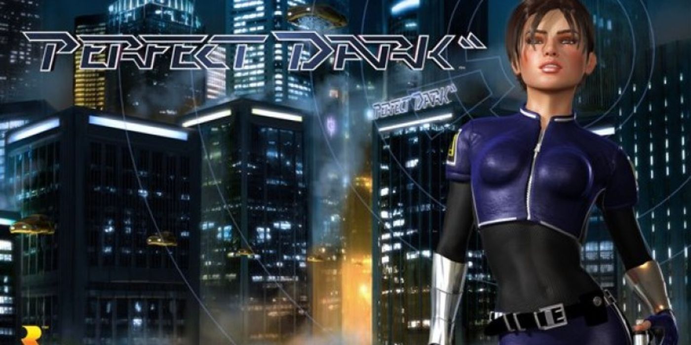 Promo art of Joanna Dark standing in front of a night cityscape Perfect Dark XBLA Remaster