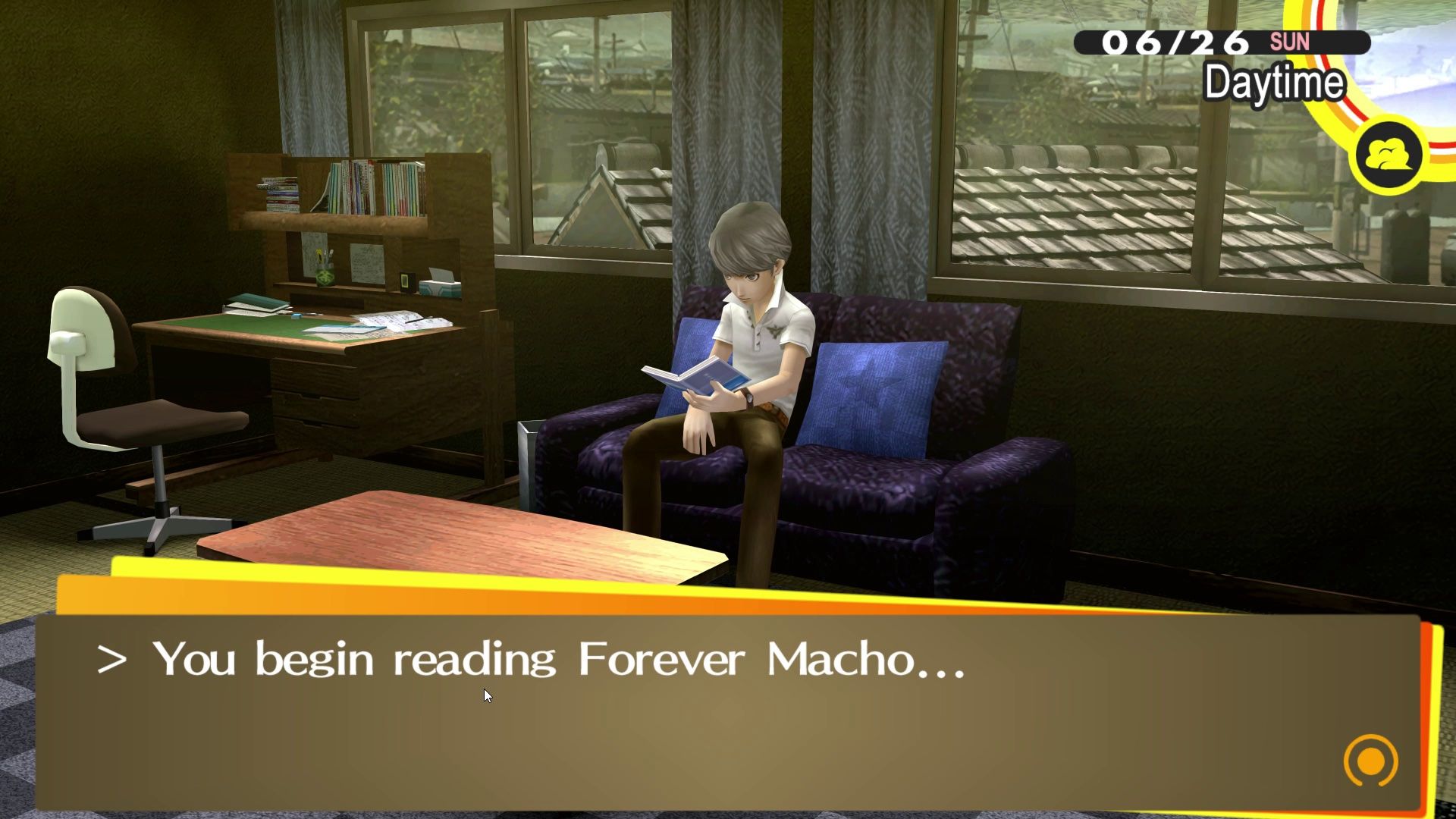 Persona 4 Golden Protagonist Reading Forever Macho in his bedroom