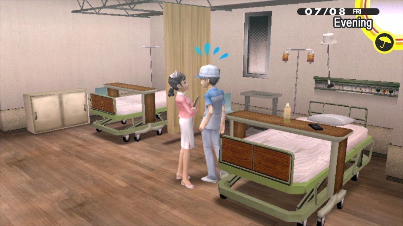 Persona 4 Golden Protagonist talking to the Nurse at the Hospital
