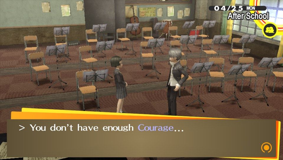 Persona 4 Golden Protagonist having a conversation but does not have enough Courage