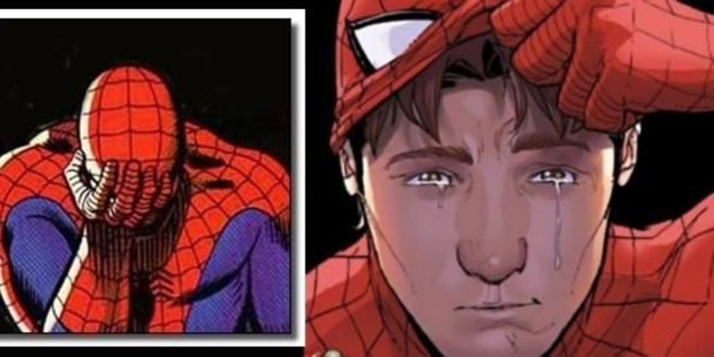 peter parker as spider-man crying in marvel comics