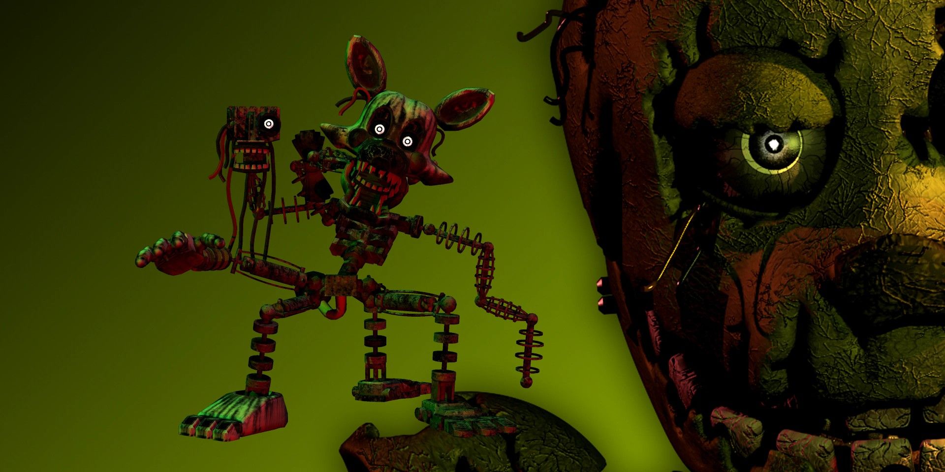 Animatrônico Phantom Mangle editado sobre o banner de Five Nights at Freddy's 3.