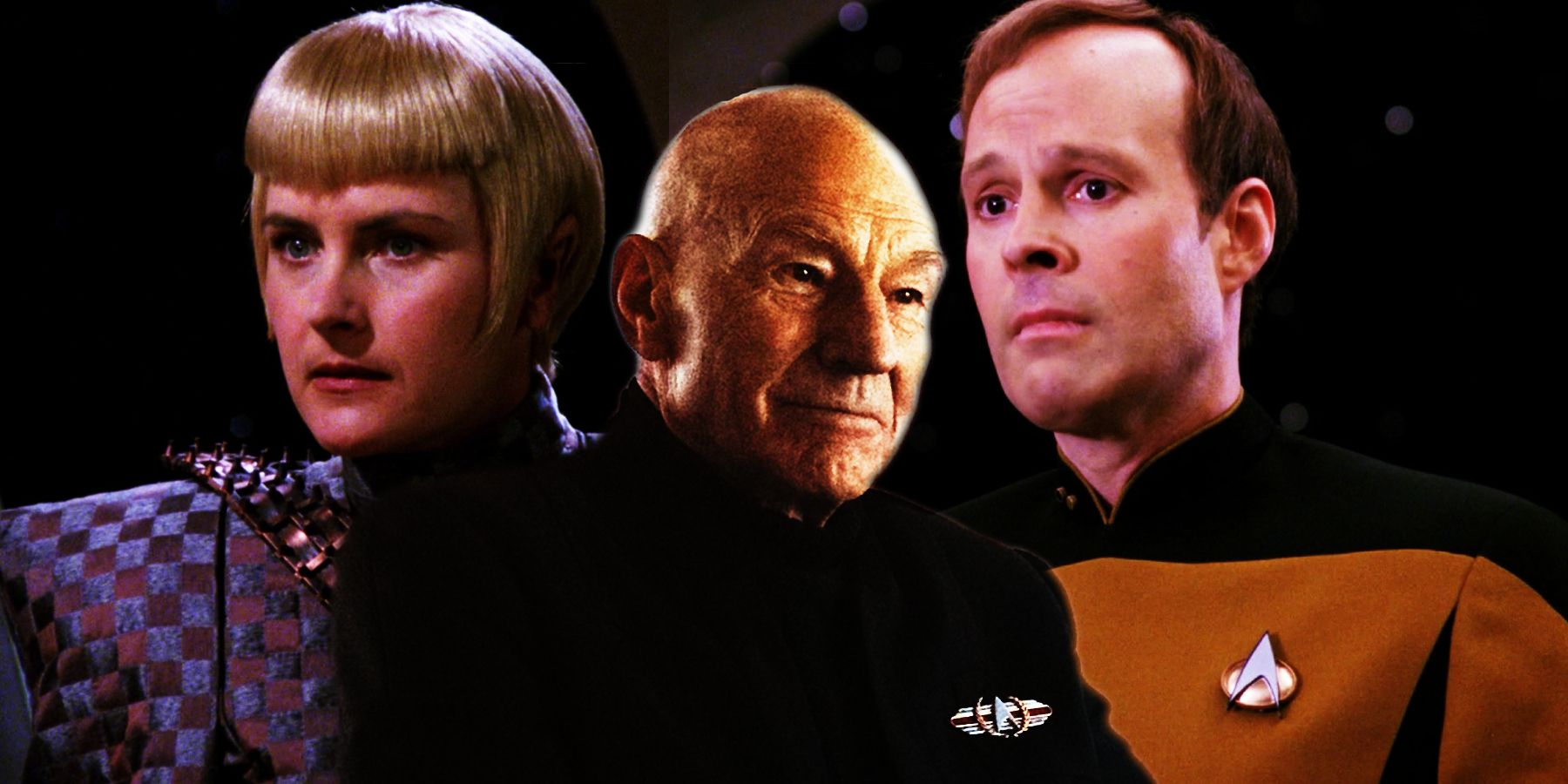 Denise Crosby as Sela, Patrick Stewart as Picard, and Dwight Schultz as Reg Barclay