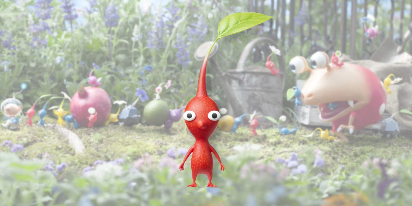 Um Red Pikmin da série Pikmin contra um fundo Pikmin.