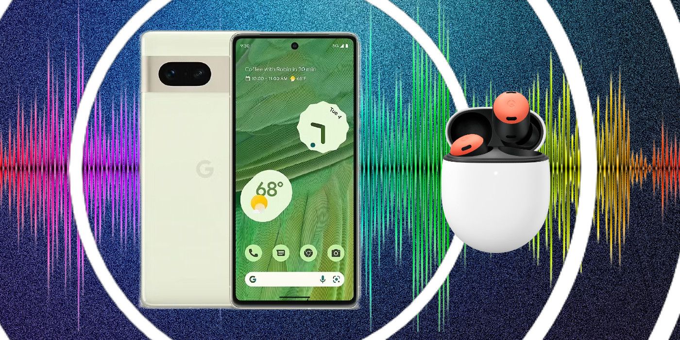 Pixel 7 Pixel dan Buds Pro di latar depan, dengan gelombang suara di latar belakang