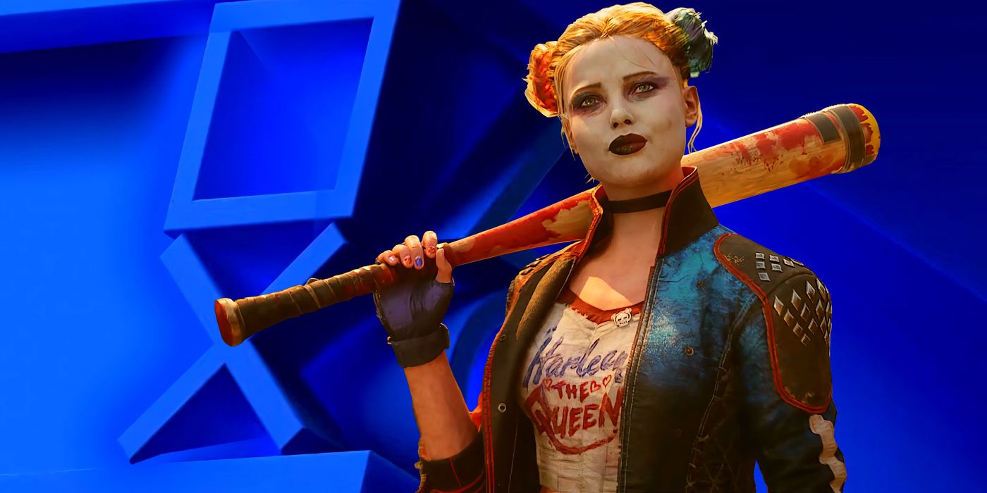Harley Quinn from Suicide Squad: Kill the Justice League holding a baseball bat on her shoulder in front of the PlayStation controller button symbols and a blue State of Play background.