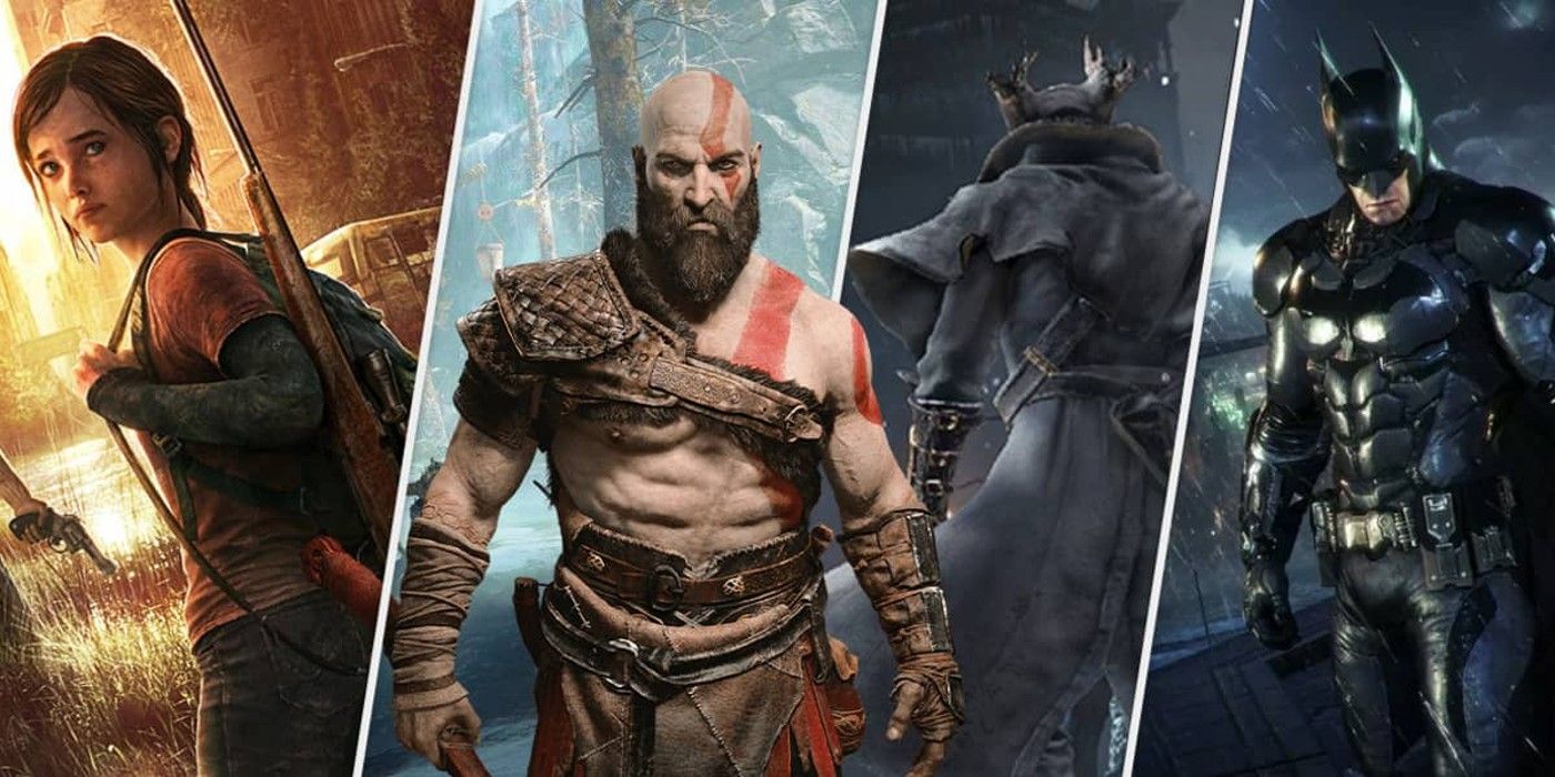 Un collage de personajes de juegos de PlayStation Plus Collection.  De izquierda a derecha: Ellie en The Last of Us, Kratos de God of War, un cazador de Bloodborne y Batman en Arkham Knight.