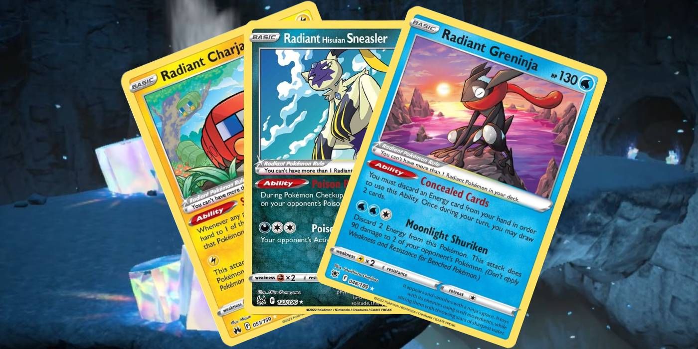Radiant Charjabug, Hisuian Sneasler, and Greninja cards in front of a screenshot from Area Zero from Pokémon Scarlet and Violet.