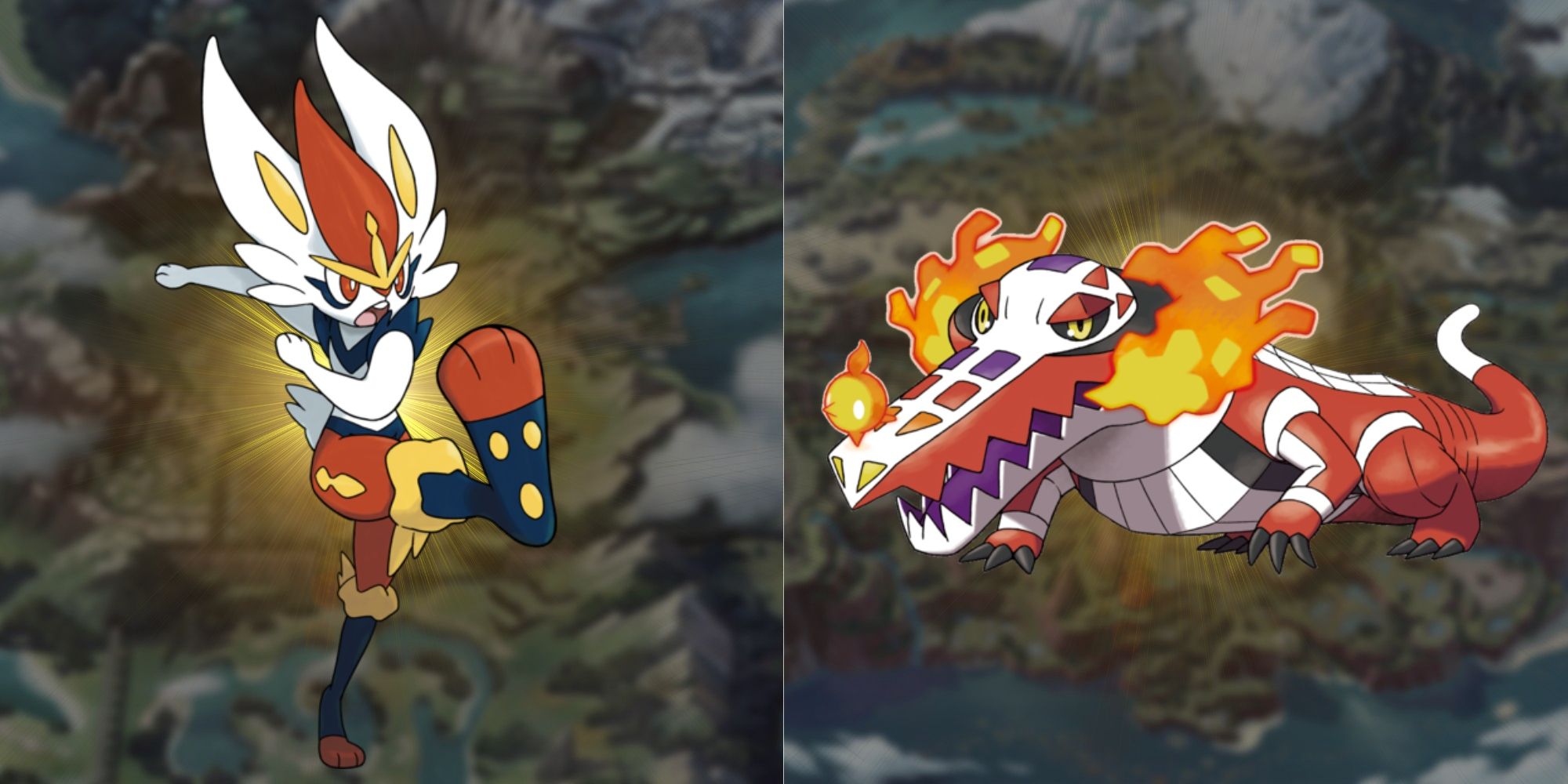 Pokemon's Cinderace to the left and Skeledirge to the right with a yellow backlight behind each of them. In the background there are blurred-out images of the Galar and Paldea maps, respectively.