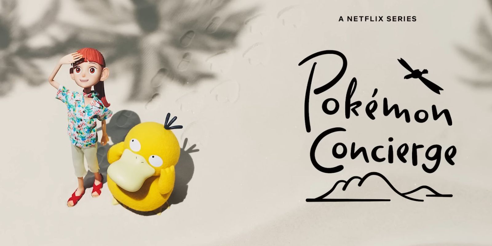 Logo and key art for Pokémon Concierge, an upcoming animated Netflix series, showing a human character standing next to a Psyduck on a beach.