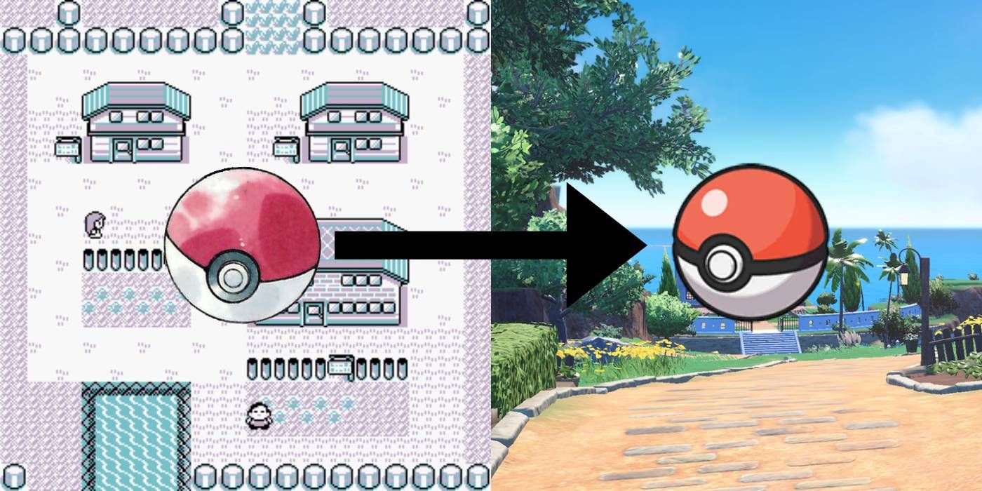 Pokémon locations Pallet Town on the left, and Cabo Poco on the right, with Poké Ball artwork from Generations 1 and 9 overlaid on each.
