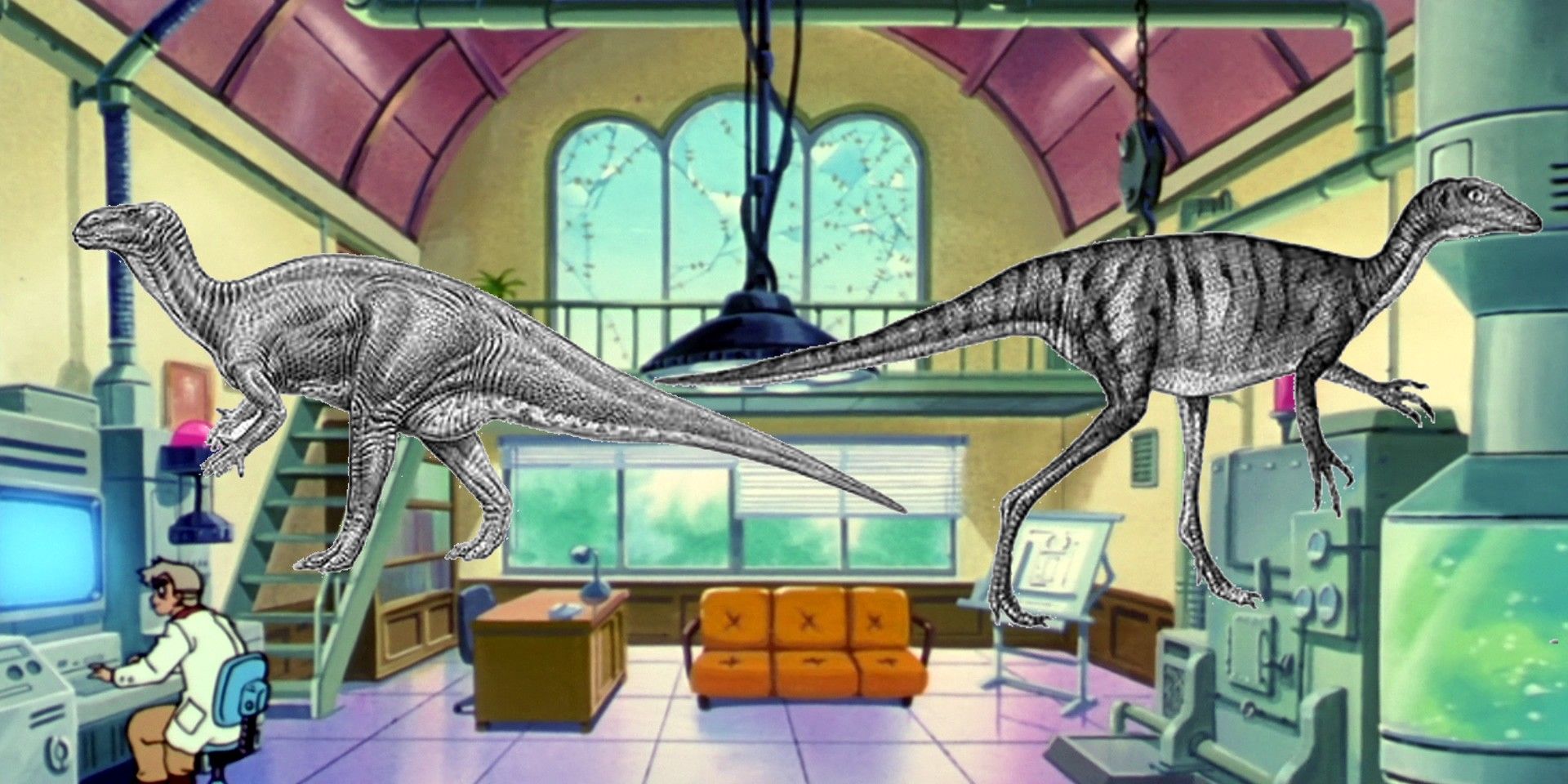 Iguanadon and Troodon black and white images edited over Professor Oak's lab.