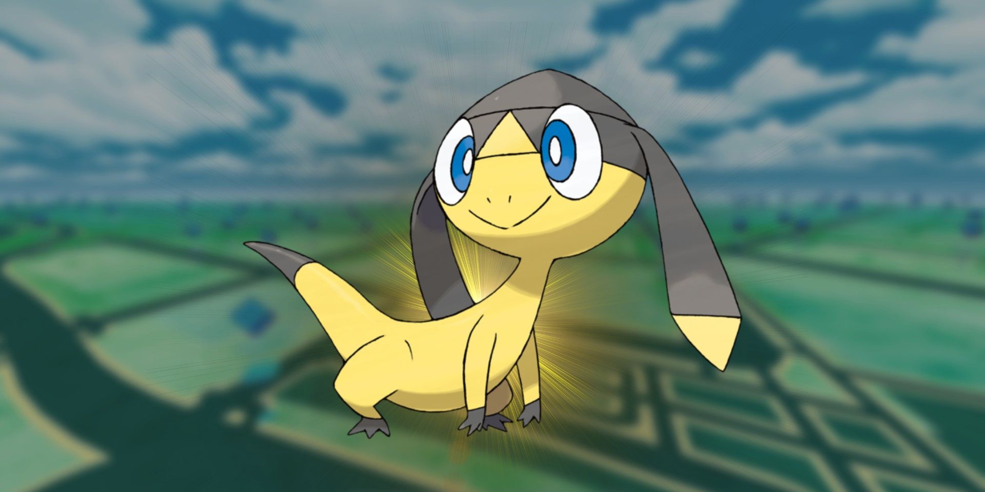 An image of Helioptile with a yellow backlight and the blurred-out Pokémon GO map in the background.