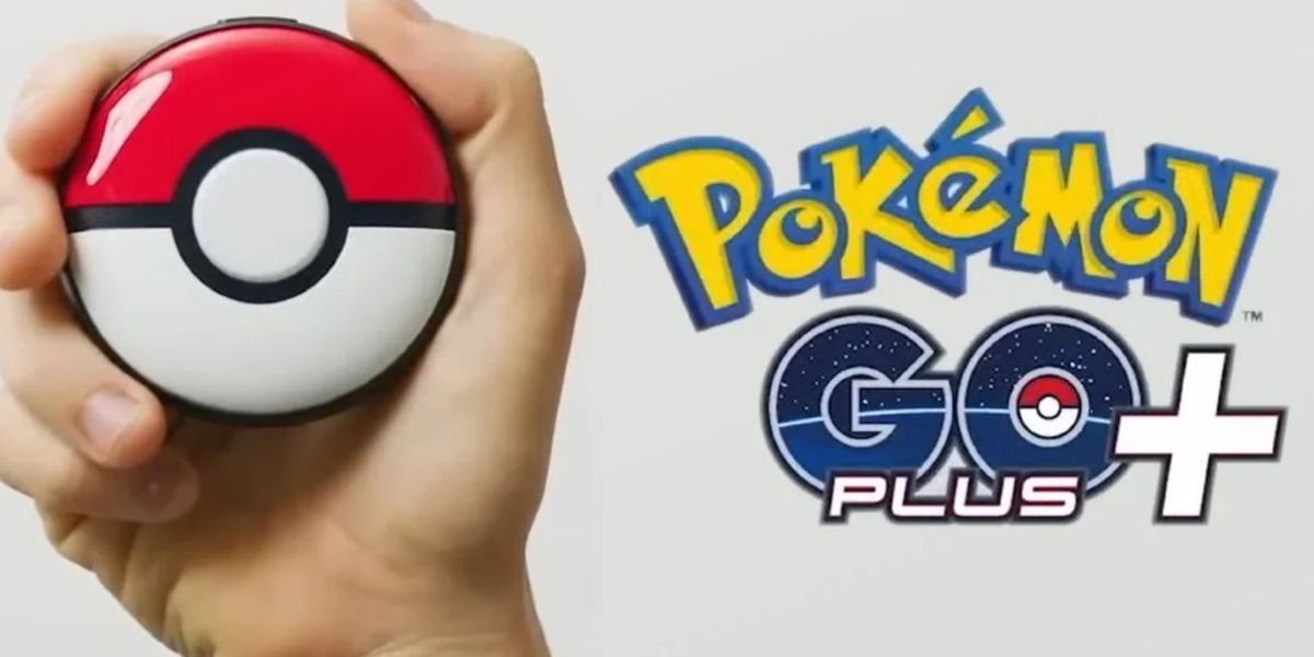 A Hand holds the Pokemon GO Plus+ device, which looks like a classic red and white Poké Ball, while the logo is to the right.