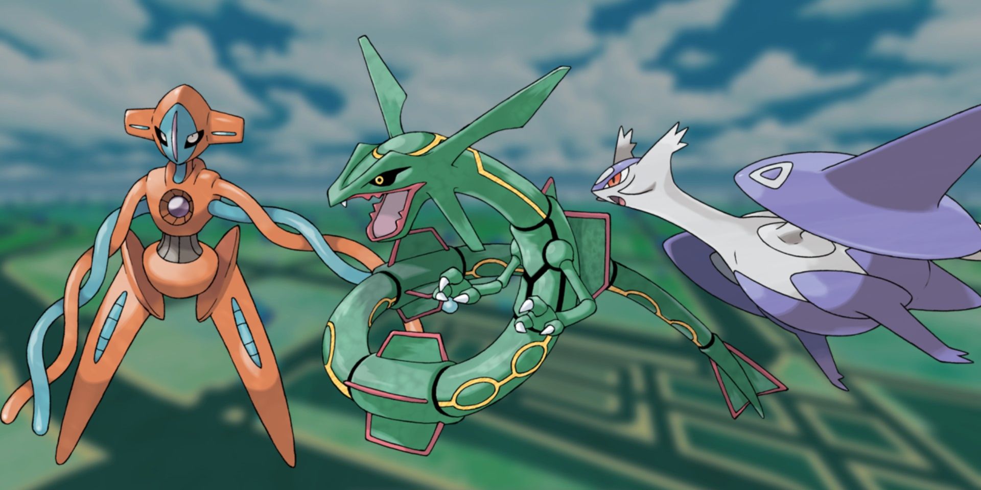 Rayquaza, Mega Latios, and Deoxys featured in the image with Pokemon GO's map blurred-out in the background.