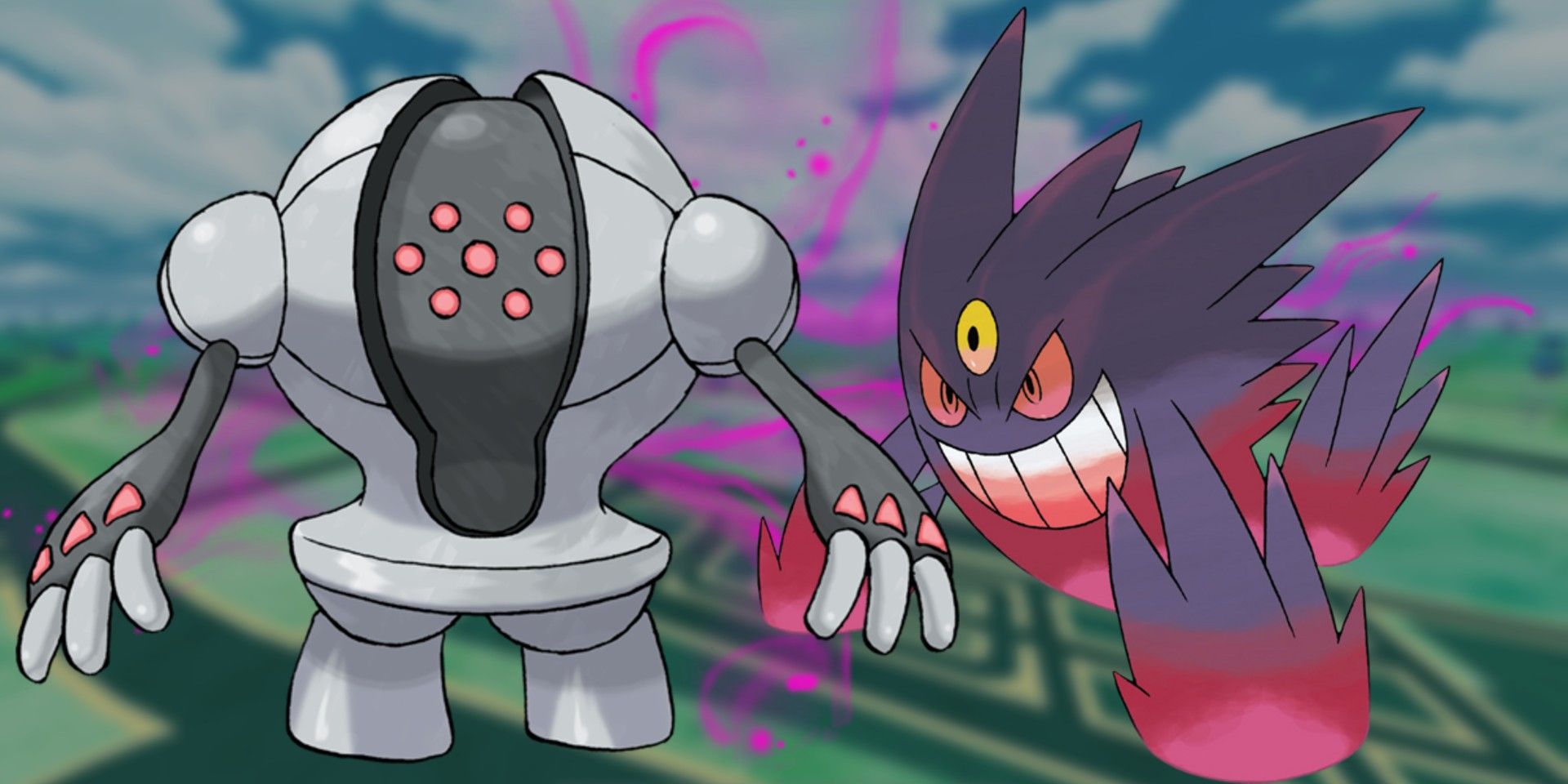 Registeel and Mega Gengar with Pokemon GO's map blurred-out in the background.