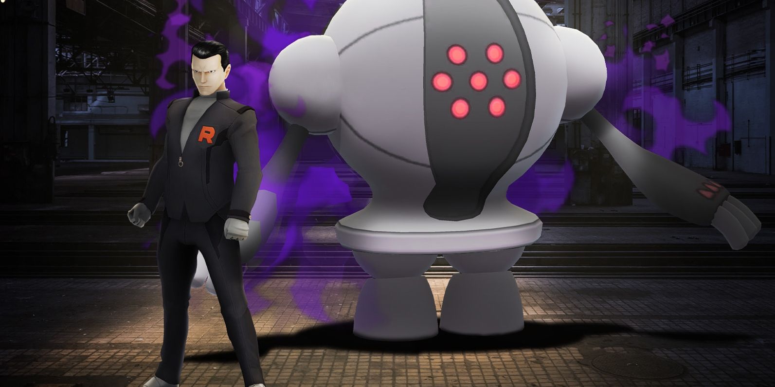 Team GO Rocket Boss Giovanni standing in a dark street beside his Shadow Registeel.