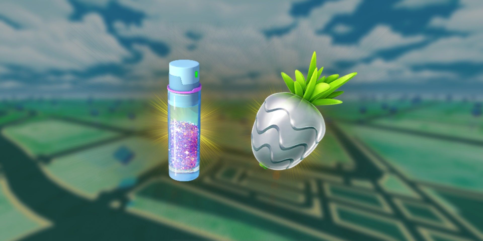 Pokemon GO's Stardust and a Silver Pinap Berry with the blurred-out Pokémon GO map in the background.