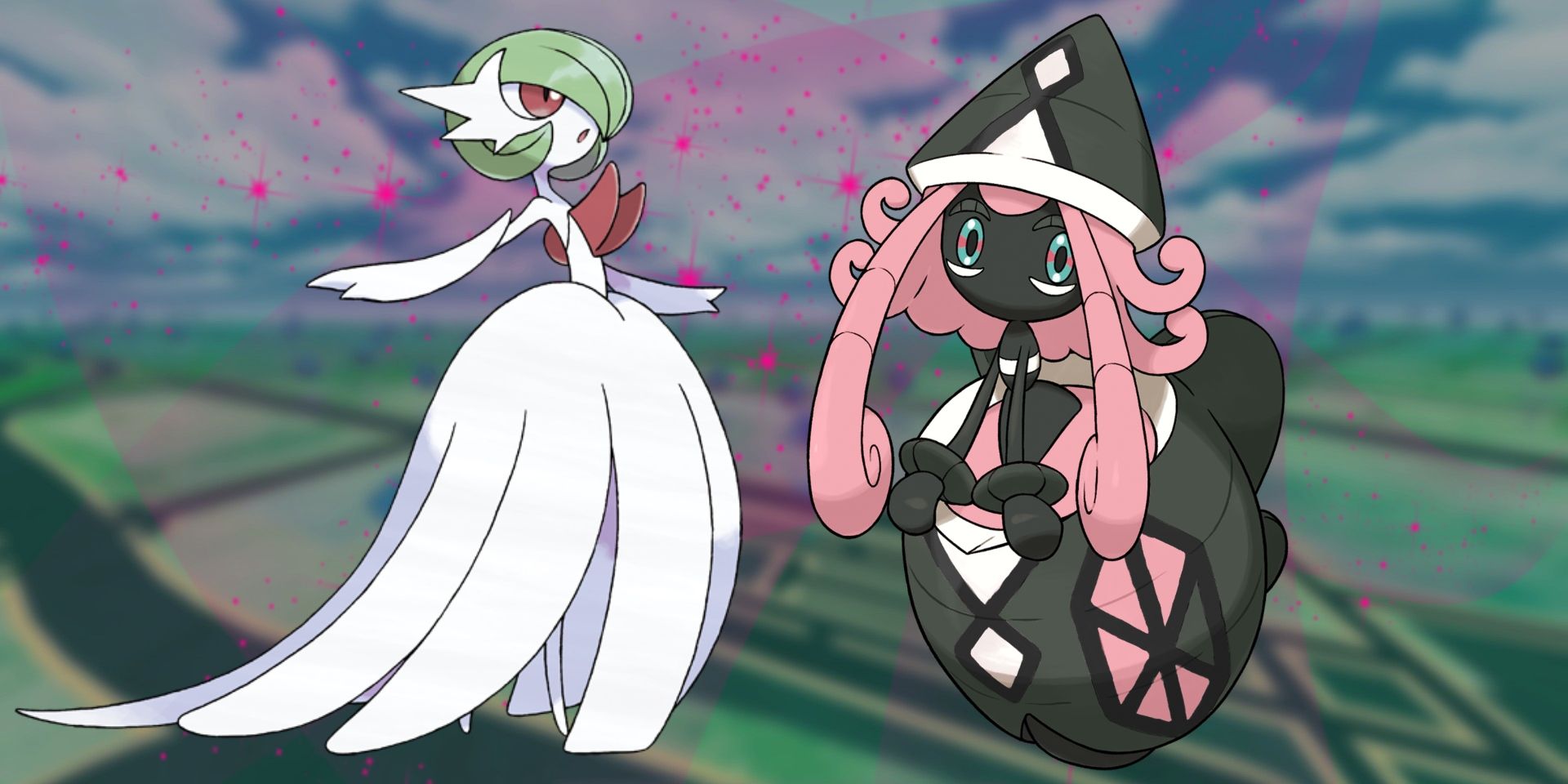Tapu Lele and Mega Gardevoir with Pokemon GO's map blurred-out in the background.
