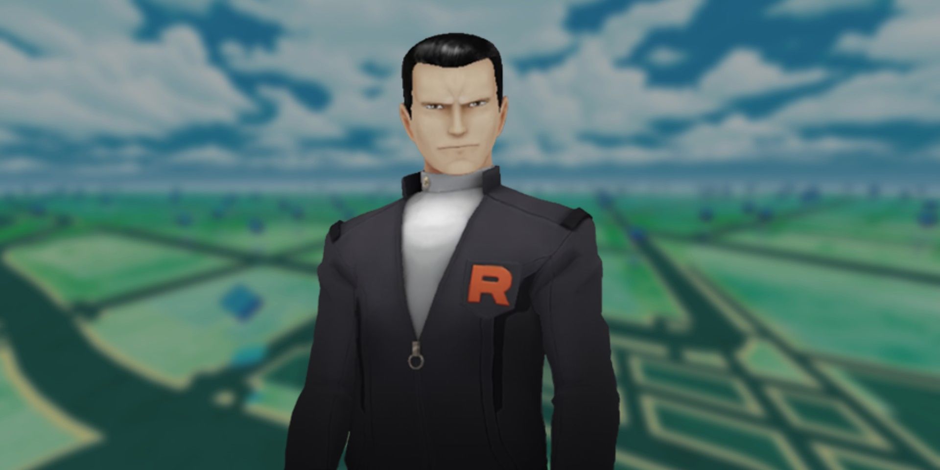 Pokemon GO's Team GO Rocket Boss Giovanni and the blurred-out Pokémon GO map in the background.