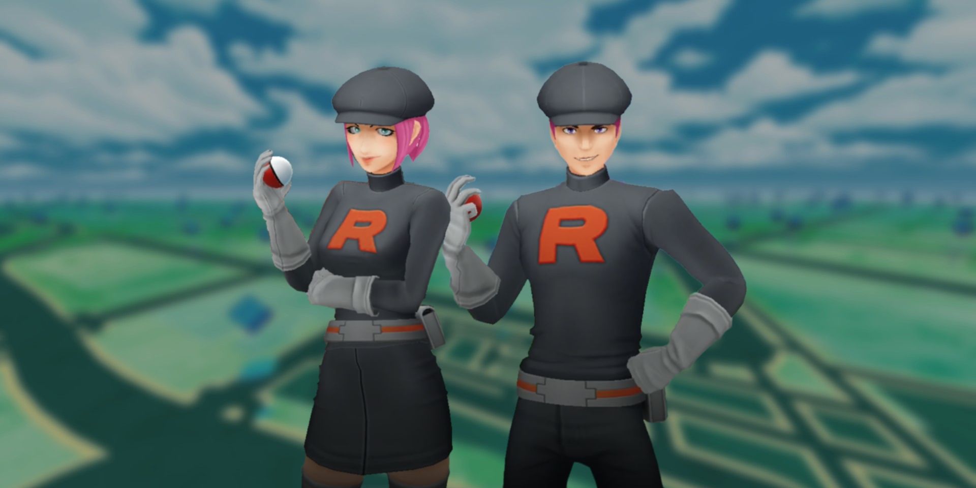 Pokemon GO's Team GO Rocket Grunts with a blurred-out image of GO's map in the background.