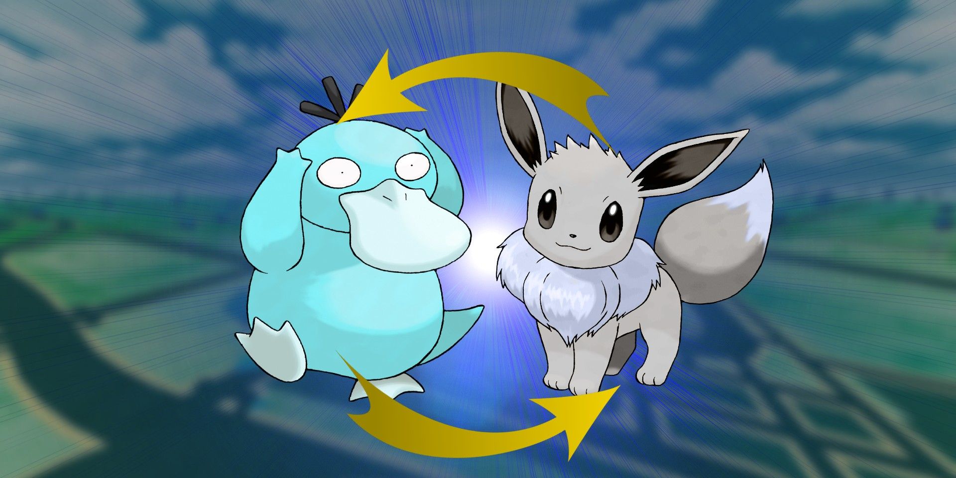 A shiny Psyduck on the left and a shiny Eevee on the right with a blue backlight behind them. Two curved yellow arrows on top of them and below them indicate trading. Blurred-out in the background is an image of the Pokémon GO map.