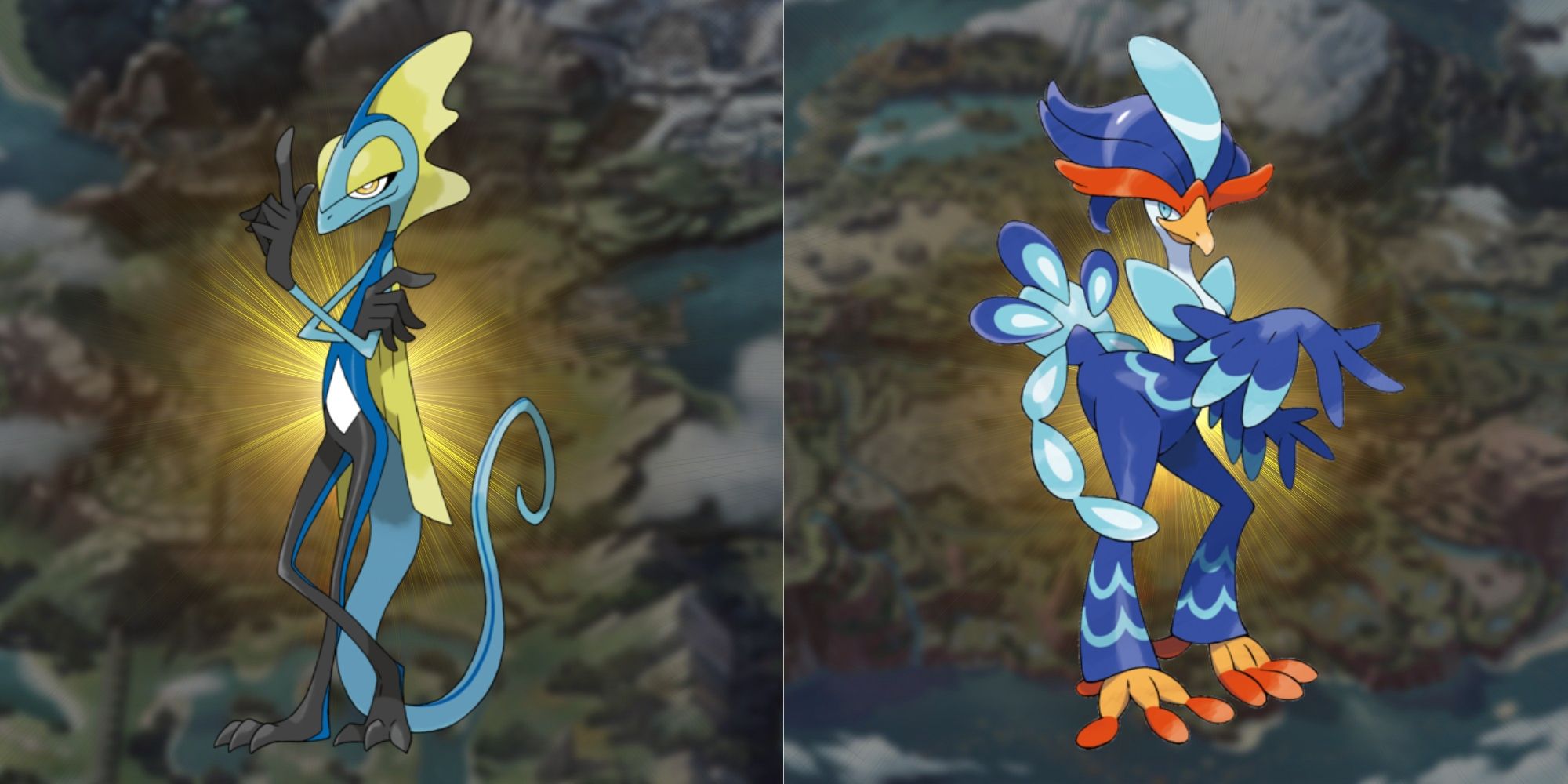 Pokemon's Inteleon to the left and Quaquaval to the right with a yellow backlight behind each of them. In the background there are blurred-out images of the Galar and Paldea maps, respectively.