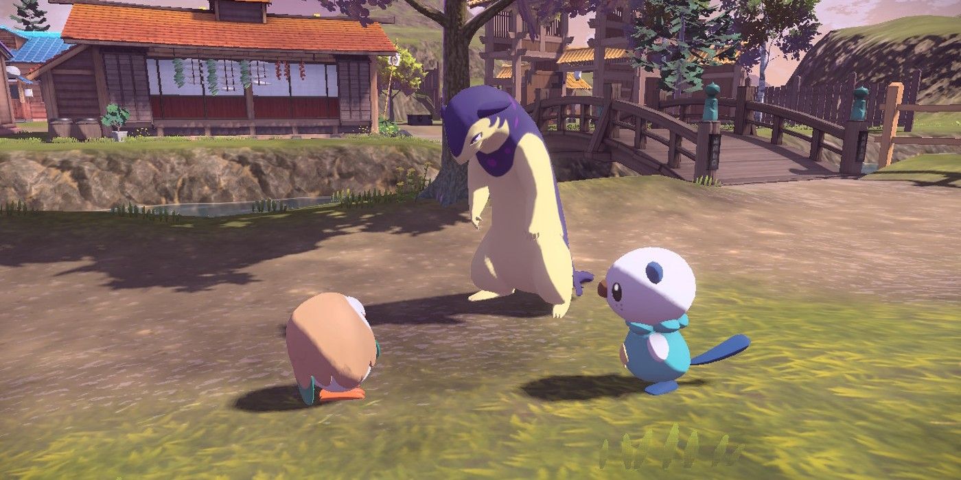 A player&rsquo;s Typhlosion accompanied by a Rowlet and Oshawott in Pokémon Legends: Arceus.