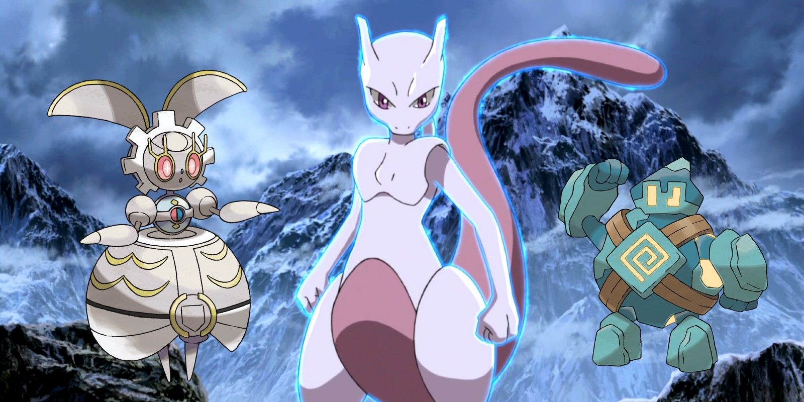 Mewtwo from the Pokémon anime, bordered by images of Magearna and Golett.