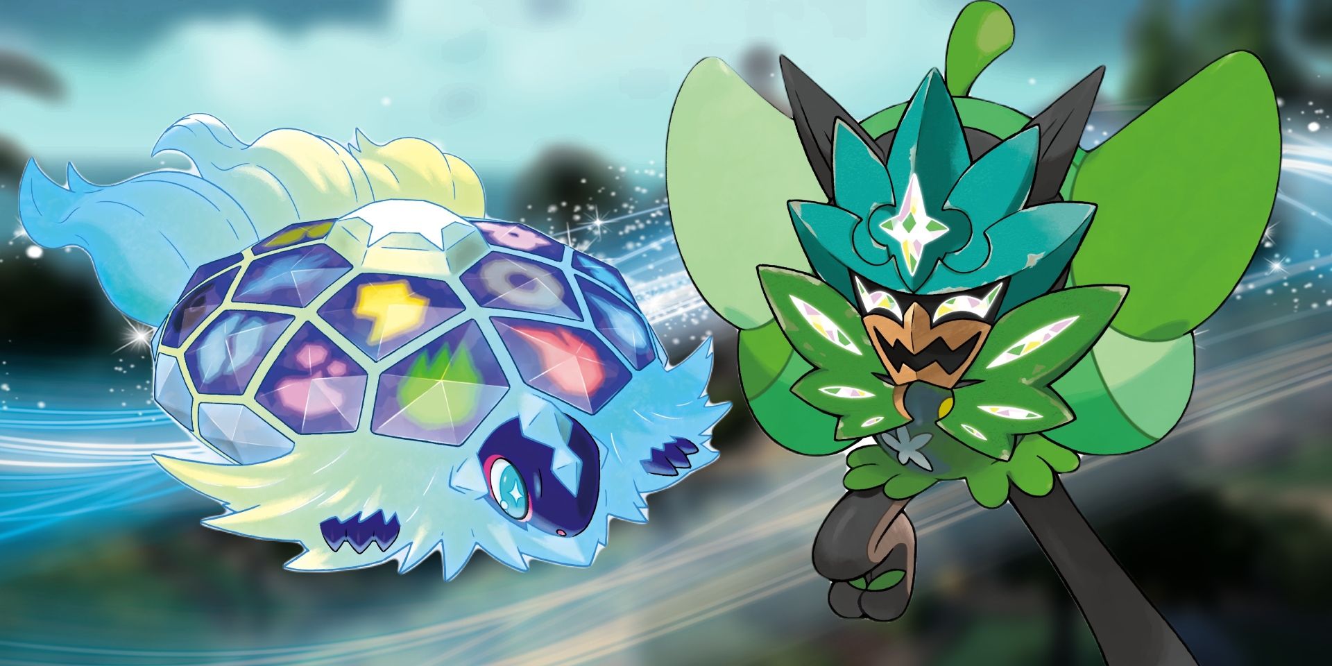 Pokémon Scarlett, Violet, Terrapagus to the left and Ogrippon to the right.  Behind them is the effect of the blue stream.