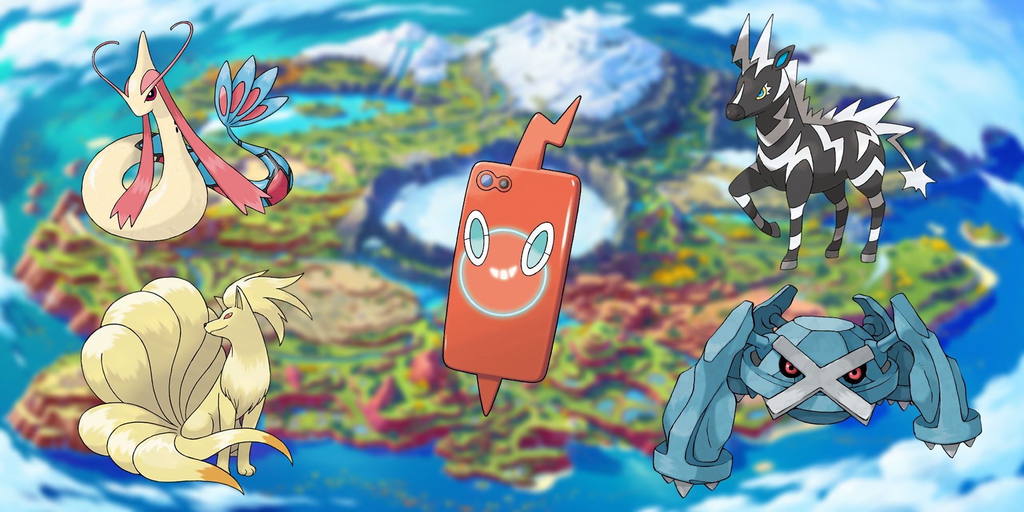 Pokémon Scarlet and Violet's Paldea region with the Rotom Phone/Pokedex edited with Milotic, Ninetails, Zebstrika, and Metagross.