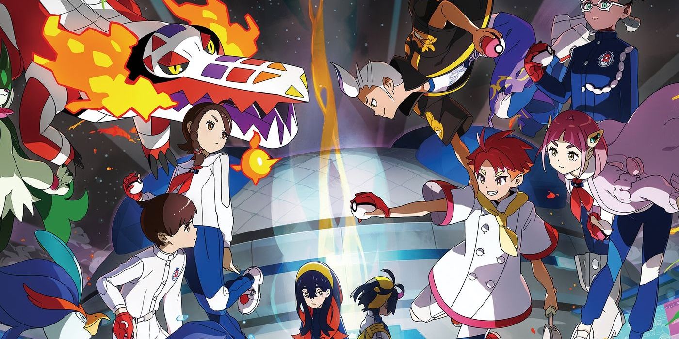 Pokémon Escarlata y Violeta: El arte clave del Disco Índigo muestra a muchos Entrenadores luchando.