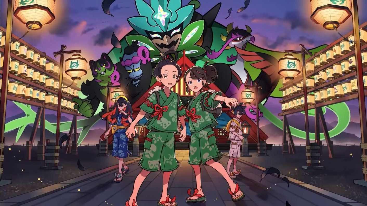 Pokemon Scarlet and Violet: The Teal Mask's key art showing the main trainers in the middle wearing green clothes, with lanterns and new characters behind them. In the background there are the DLC's new Pokémon.