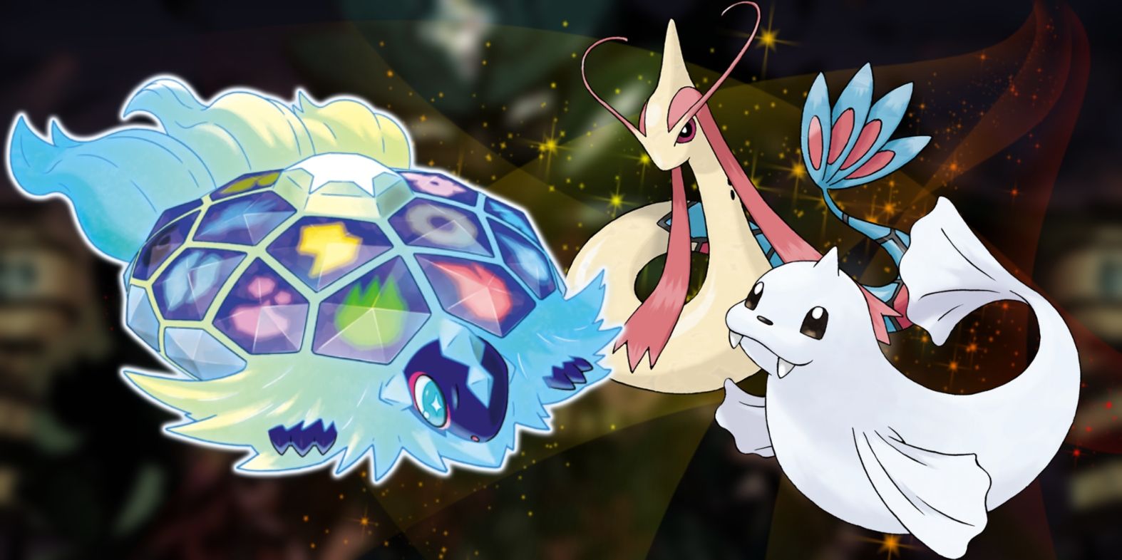 Pokemon Scarlet and Violet's Terapagos to the left and Milotic and Dewgong to the right. Behind them is a glittery flowing yellow and red effect.