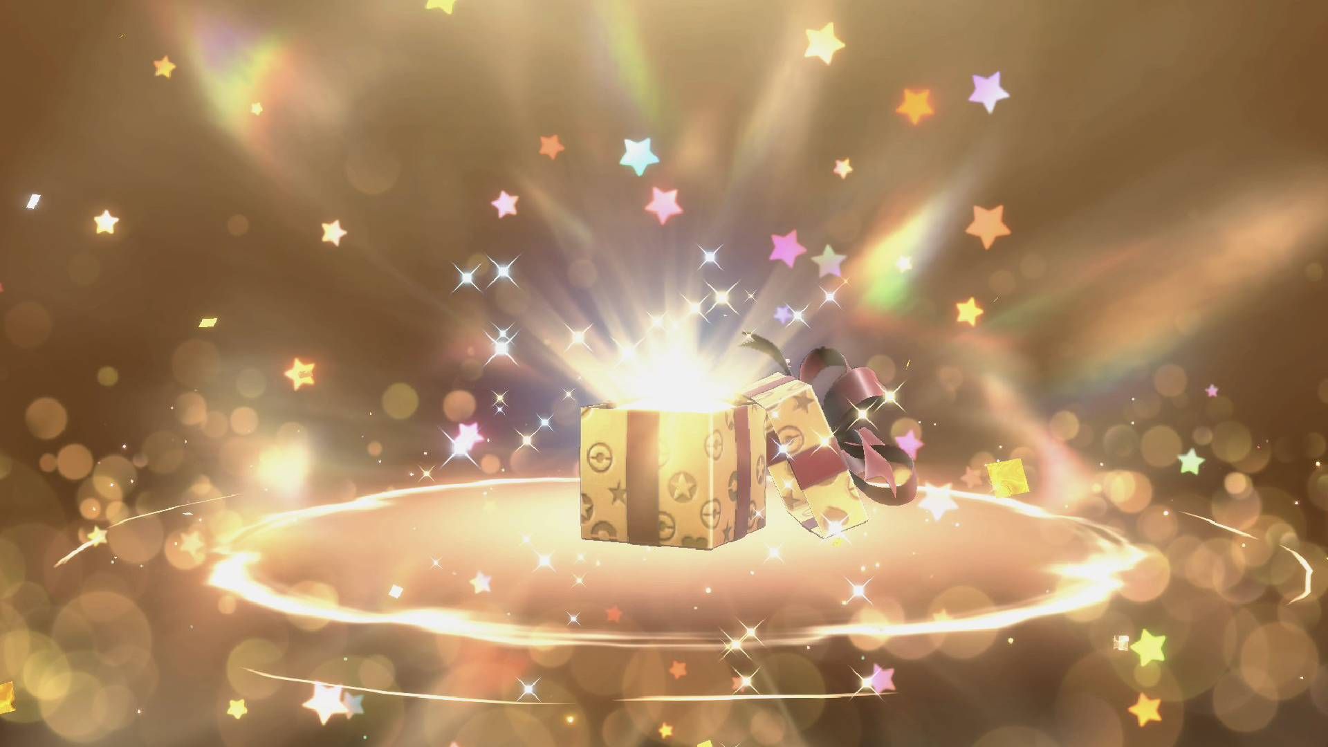 A Mystery Gift in Pokémon Scarlet and Violet opens with golden stars and light.