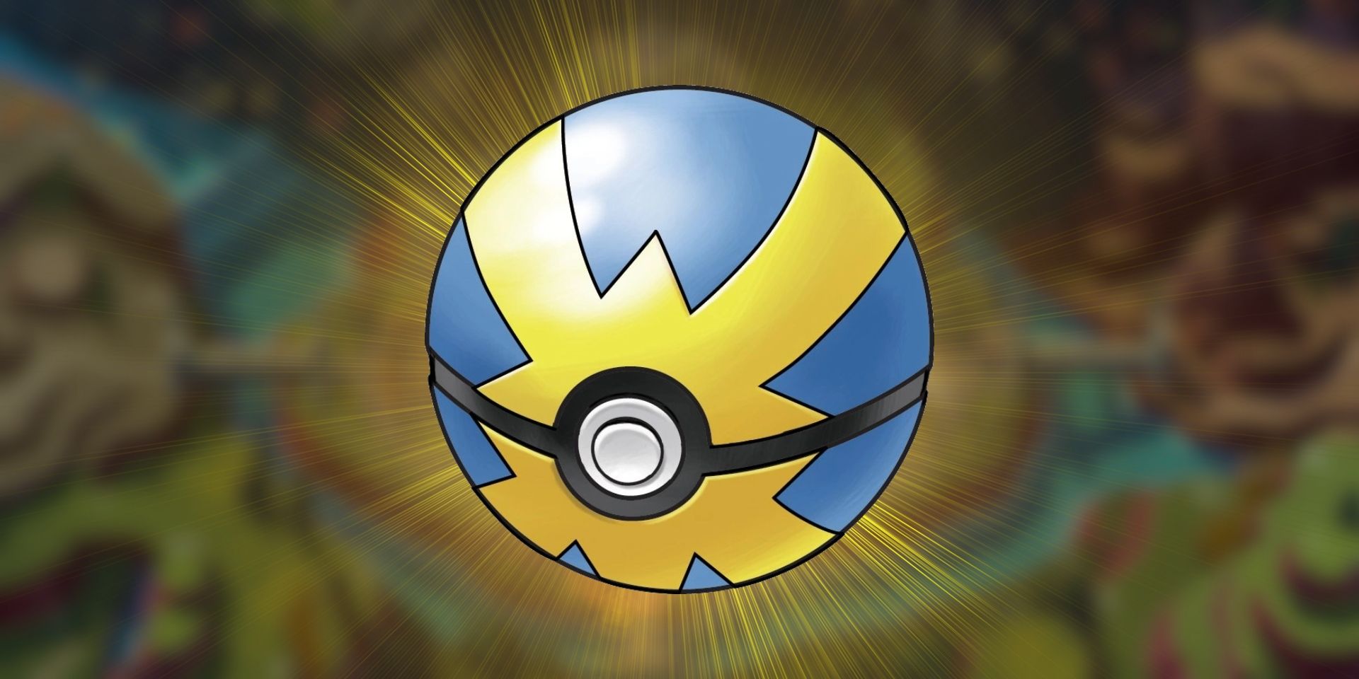 A Quick Ball do Pokémon no meio com uma luz de fundo amarela.  Ao fundo está uma imagem borrada do mapa de Paldea.