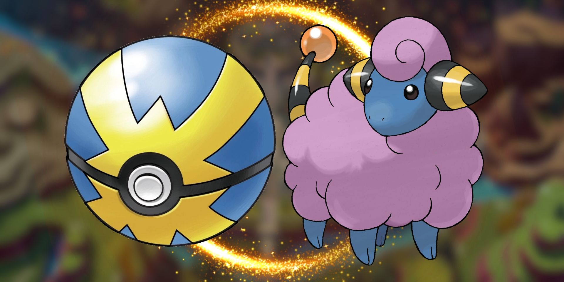 Pokemon's Quick Ball to the left and a Shiny Mareep to the right. Behind them is a ring of light and in the background is a blurred-out image of the map of Paldea.
