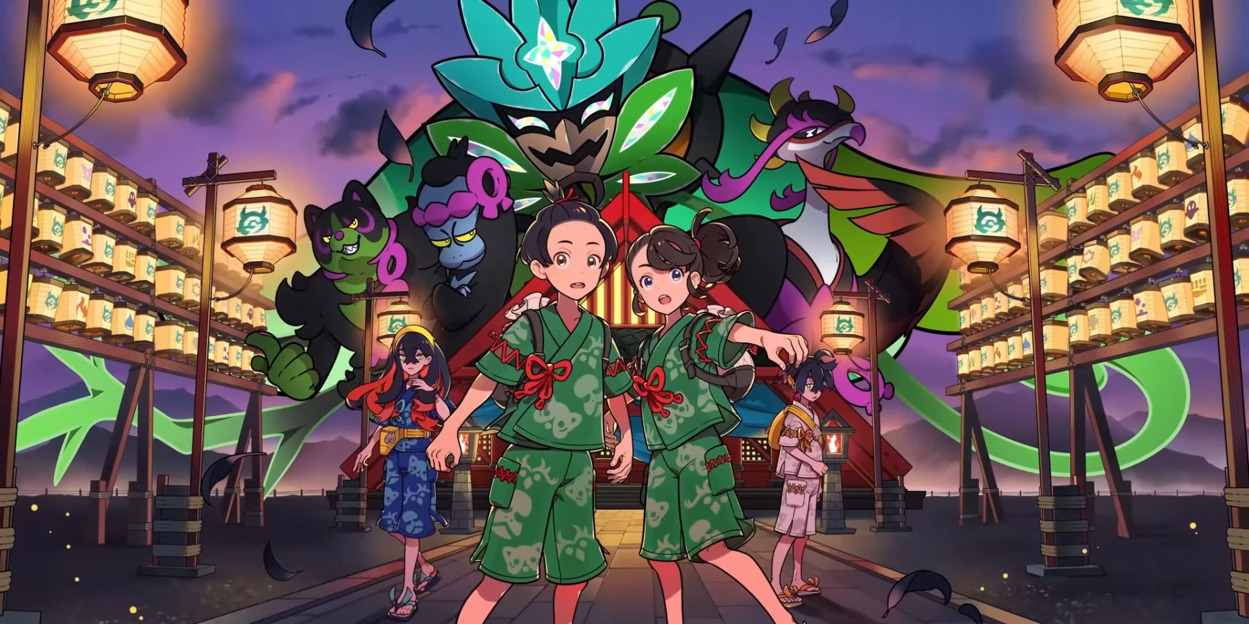 Collage artwork for Pokémon Scarlet and Violet's The Teal Mask DLC, showing the two main characters up front, surrounded by new side characters and Pokémon in a festival atmosphere.