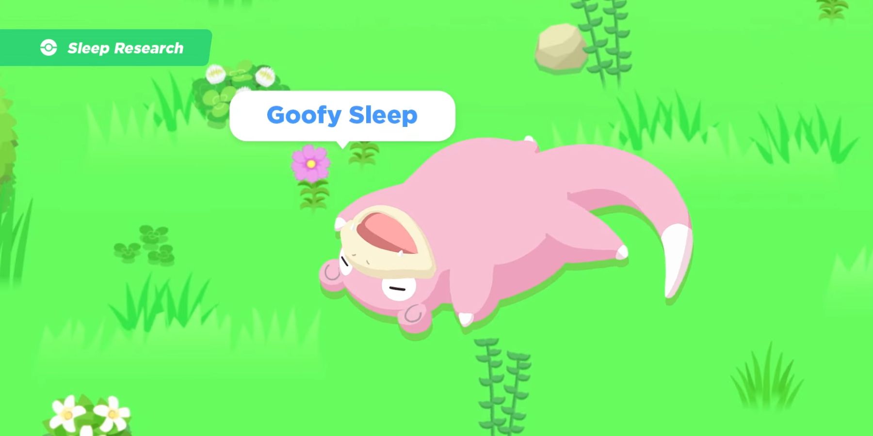 Slowpoke tertidur telentang di Pokémon Sleep, dengan kotak teks di atasnya bertuliskan, 