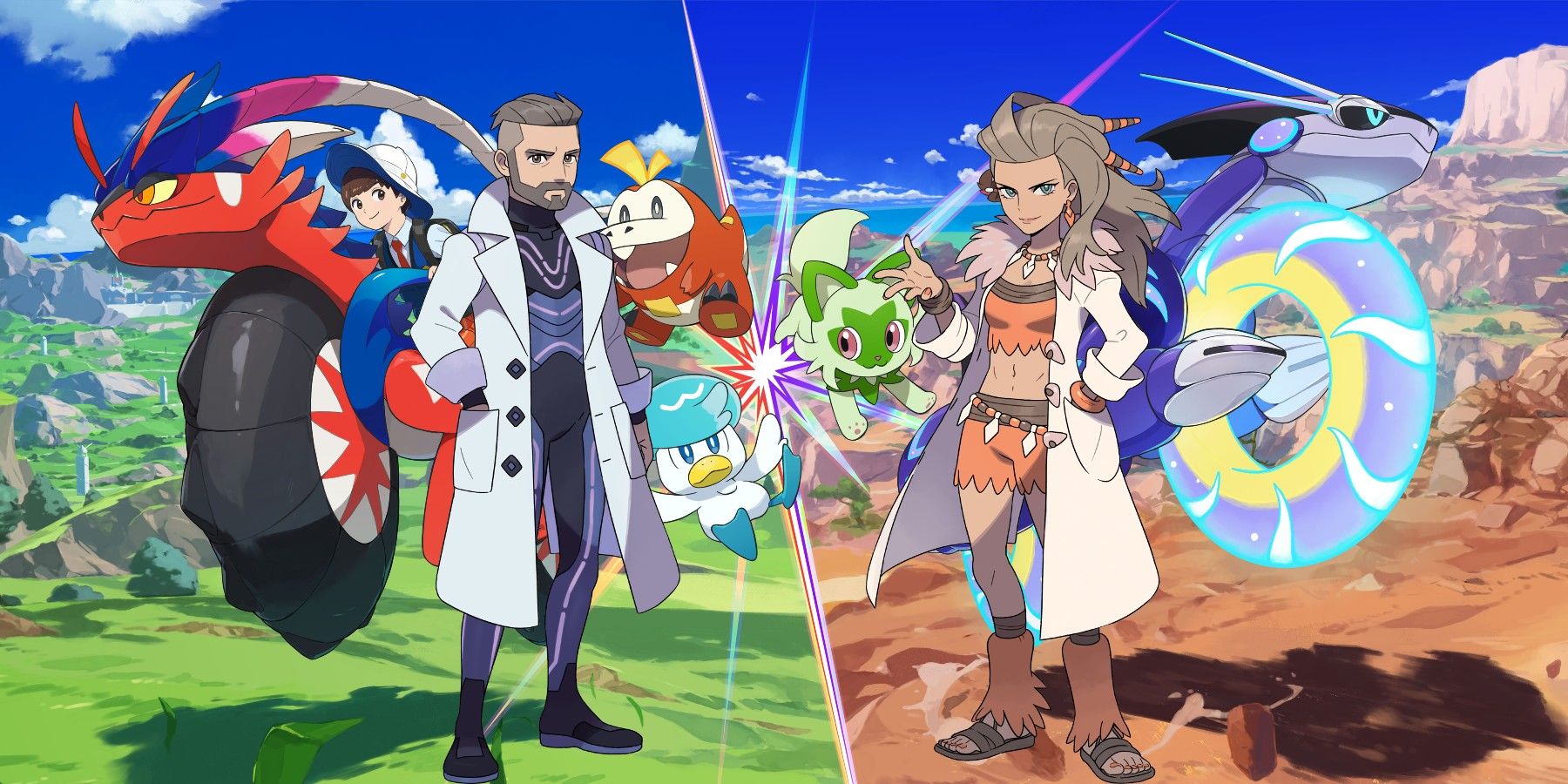 Key art for Pokémon Scarlet and Violet, with Professor Turo on the 'Scarlet' Side opposite Professor Sada on the 'Violet' side.