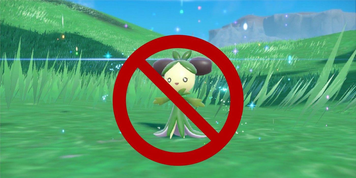 A shiny Dolliv appearing in Pokémon Scarlet and Violet with a red 'No' symbol overlaid.