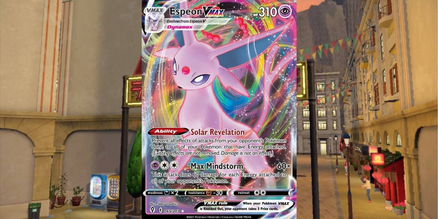 Espeon VMAX do Pokémon Trading Card Game, com o Pokémon em destaque na frente de um turbilhão de fundo cósmico technicolor.