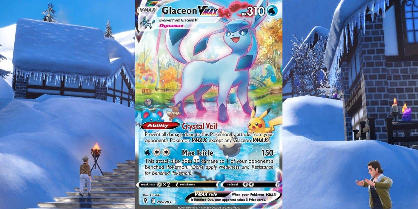 Glaceon VMAX do Pokémon Trading Card Game, com arte mostrando o Glaceon parado em um lago, a água congelada sob seus pés.