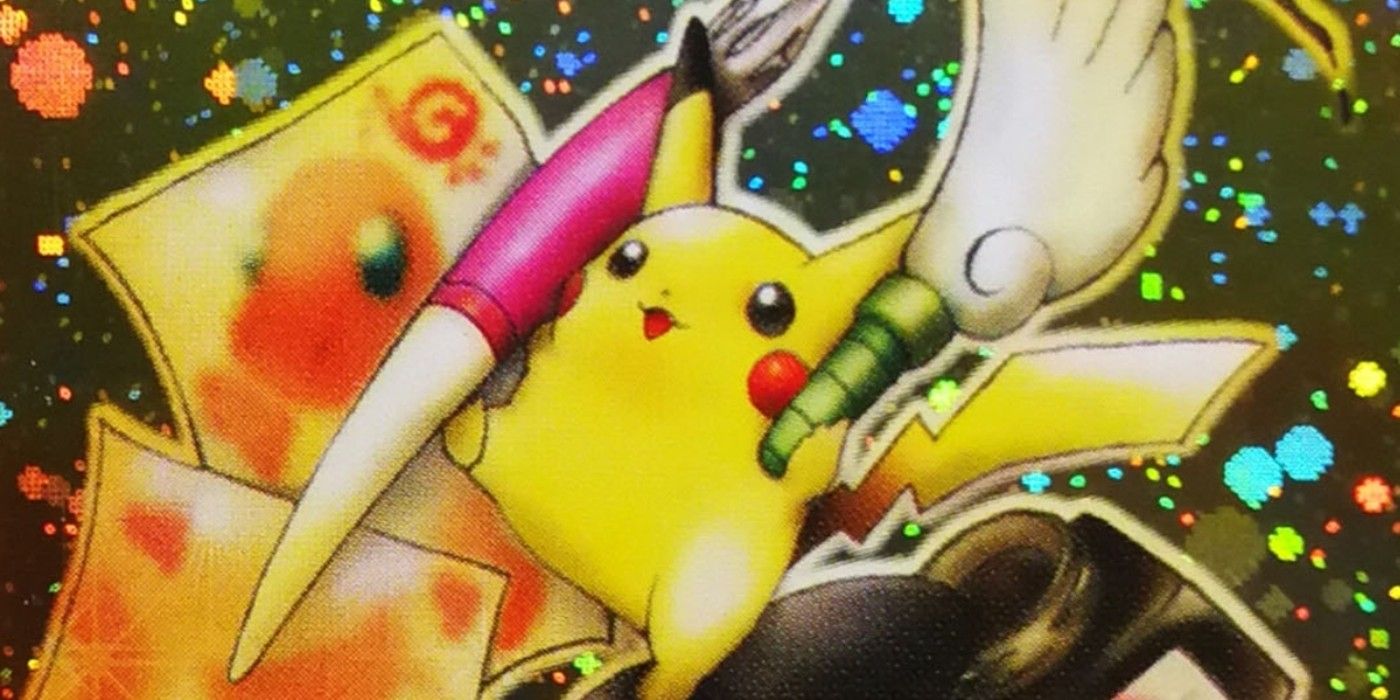 A arte do cartão Pikachu Illustrator no Pokémon TCG, que mostra Pikachu segurando materiais de pintura, com algumas ilustrações ao redor.