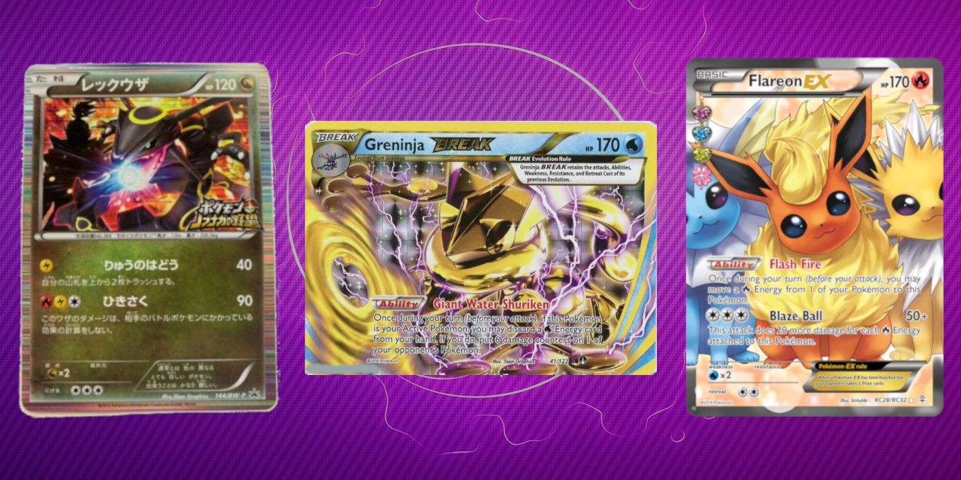 The Pokémon TCG Cards Greninja Break, Nobunaga's Rayquaza and Flareon EX against a purple background.