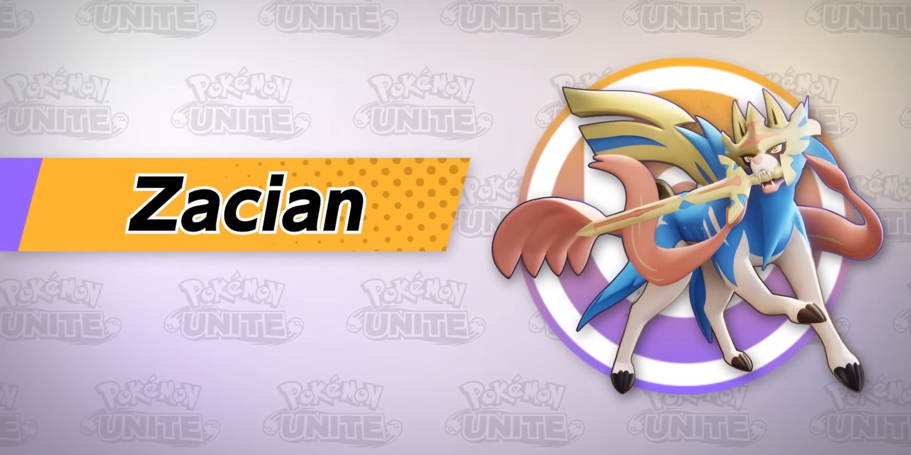 Pokemon Unite's Zacian wields a sword in its mouth accompanied by the text on the left saying its name, "Zacian."