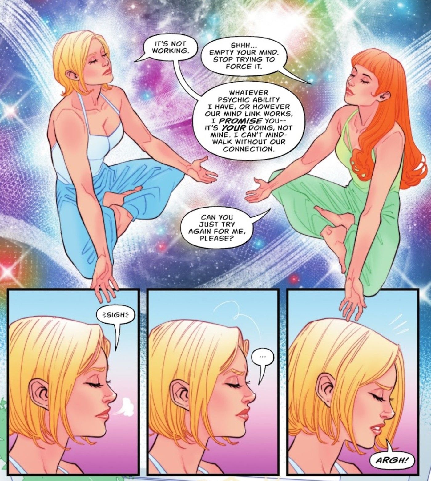 Power Girl and Omen Sit Cross Legged Working on Power Girl's New Telepathic Powers