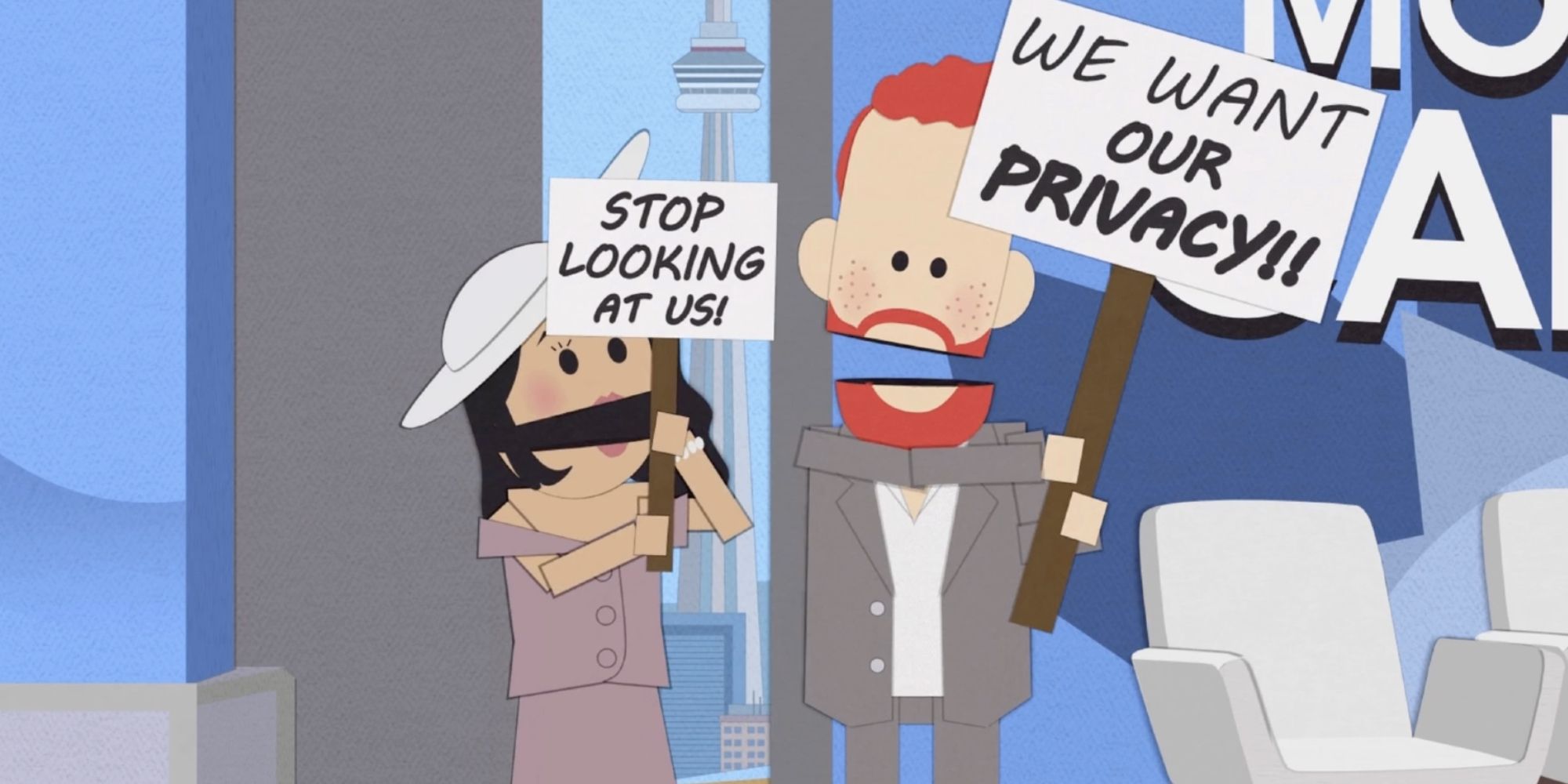 South Park's Harry & Meghan parody characters waving signs