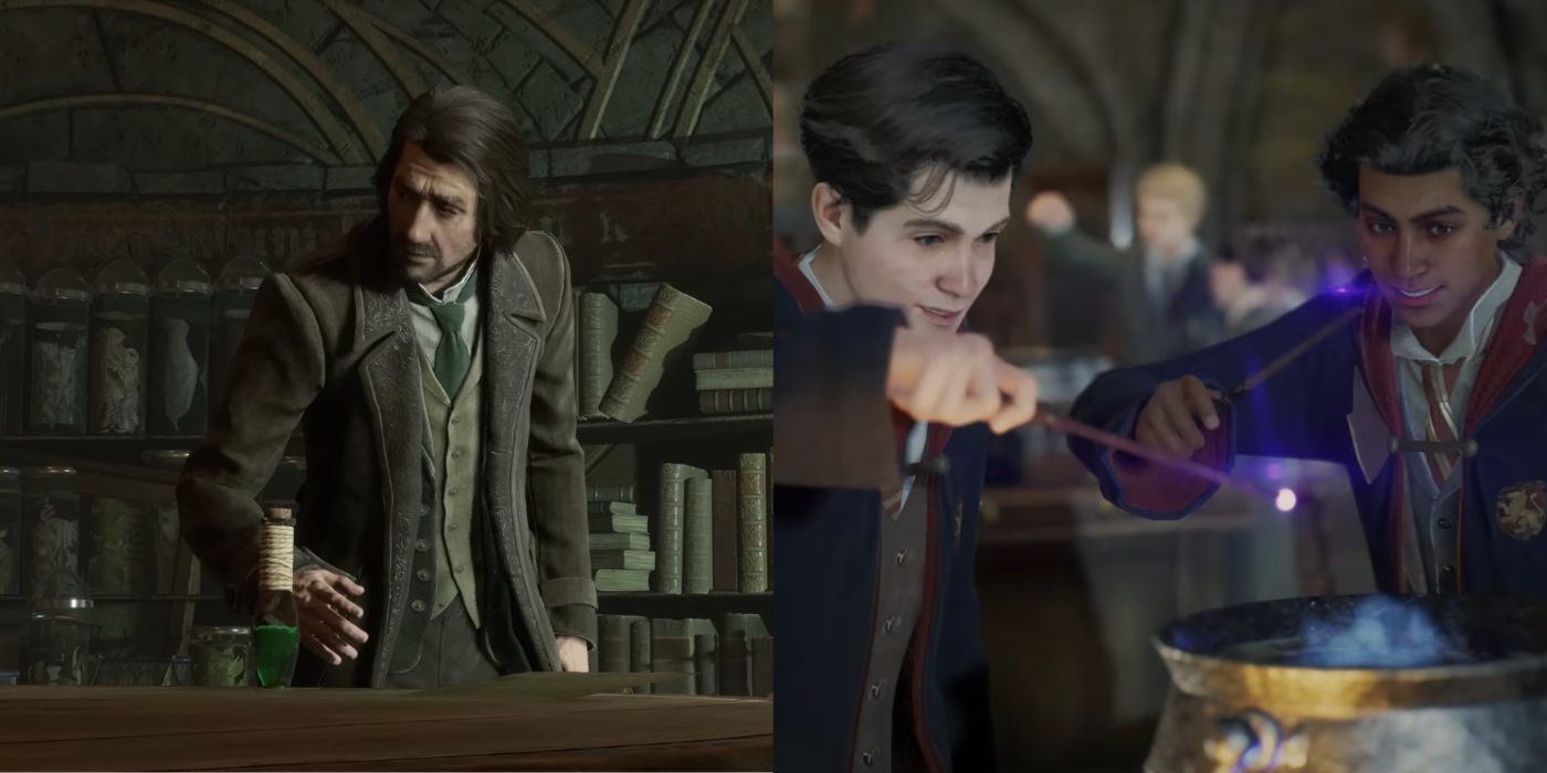 An image split in half vertically, with Professor Sharp standing behind his desk on the left, and students brewing a potion in Hogwarts Legacy on the right.