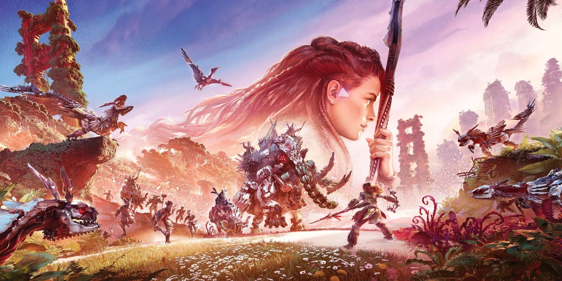 Horizon Forbidden West's key art showing Aloy facing machines in the lower part of the image, with her head in the sky while she holds her spear.